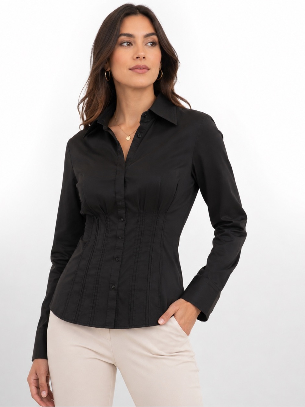 Antonio Melani Black Button Front Blouse Fitted Tailored Pintuck Long Sleeve Med